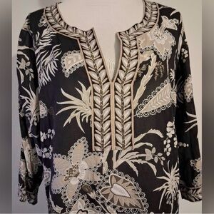 Gretchen Scott Designs Black and Taupe Leaf Pattern Top / Tunic